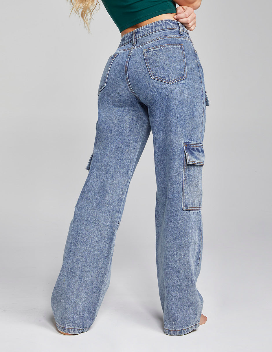 JEANS CARGO RECTO CINTURA ALTA COLOR AZUL OSCURO 0030STME