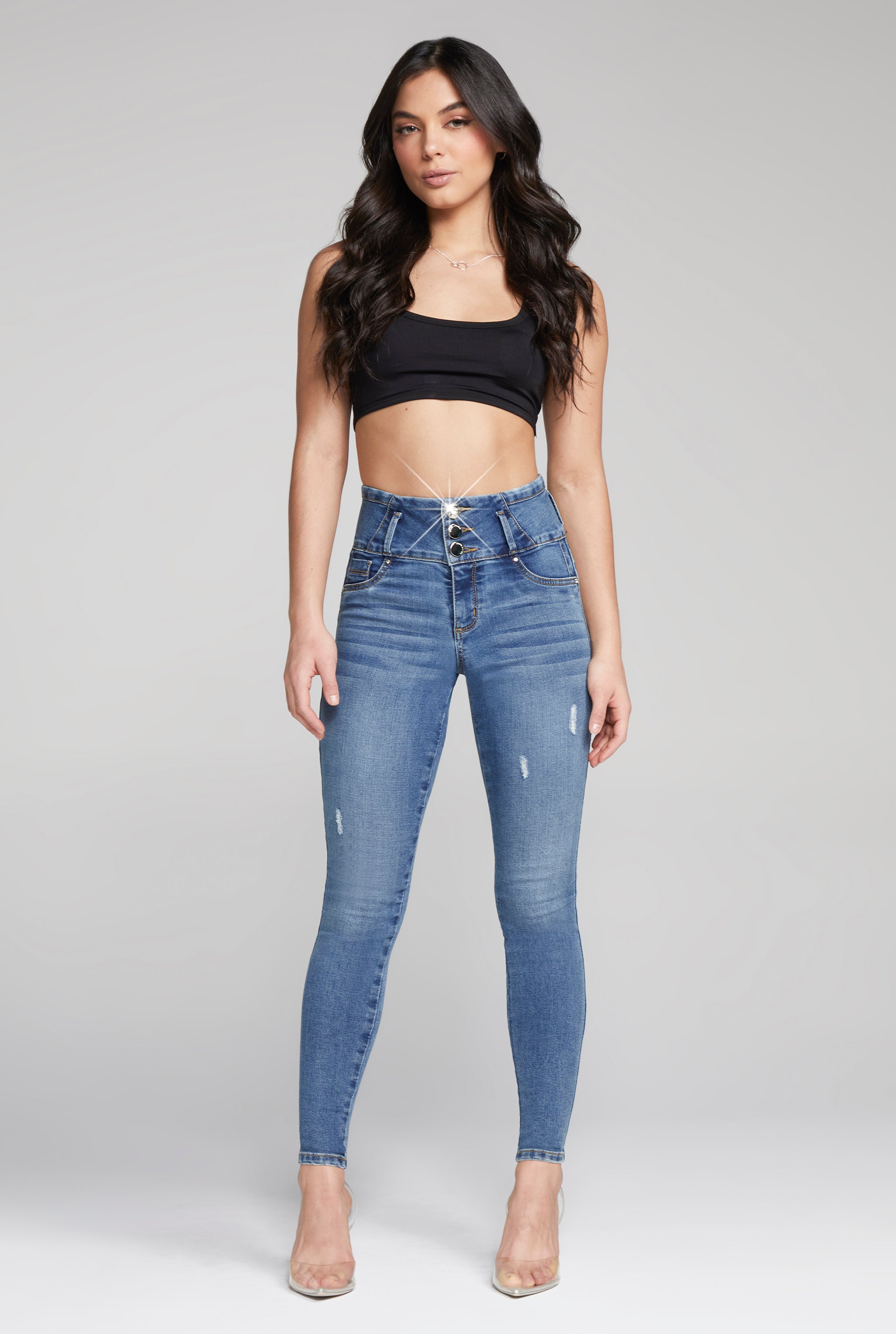 JEANS SUPER SKINNY CINTURA ALTA AZUL STONE MEDIO TECNOLOGÍA PUSH UP 0036STME