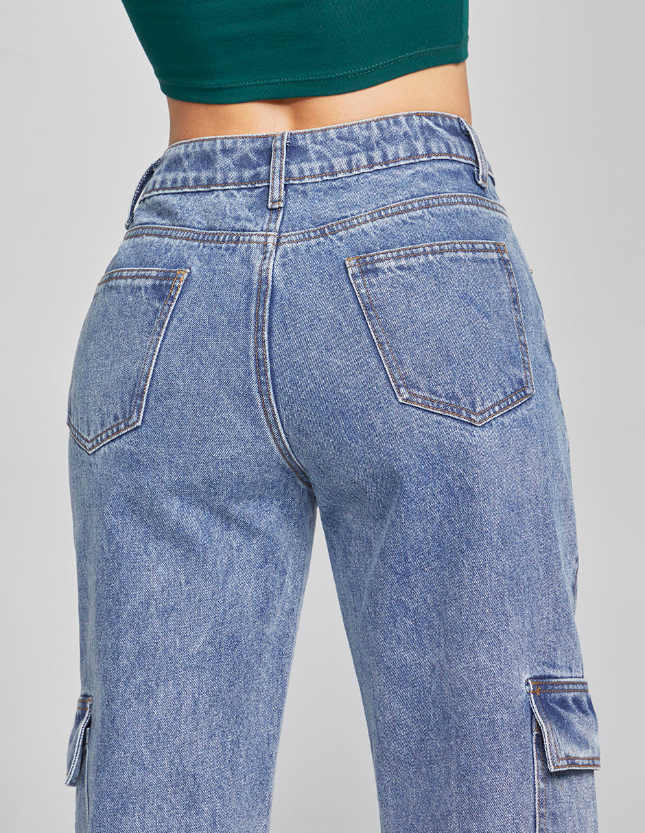 JEANS CARGO RECTO CINTURA ALTA COLOR AZUL OSCURO 0030STME