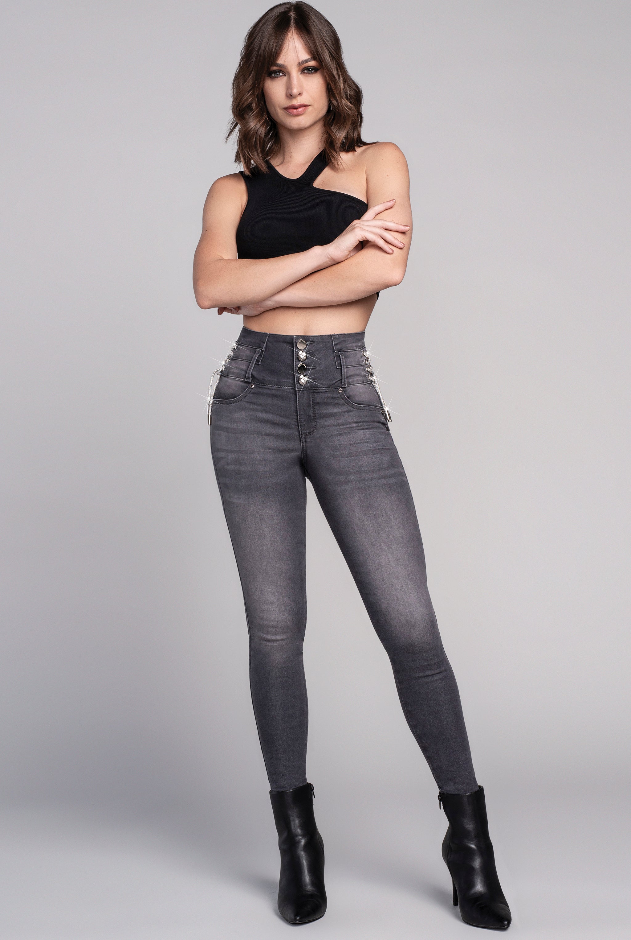 JEANS SÚPER SKINNY CINTURA ALTA PUSH UP 9548GRIS