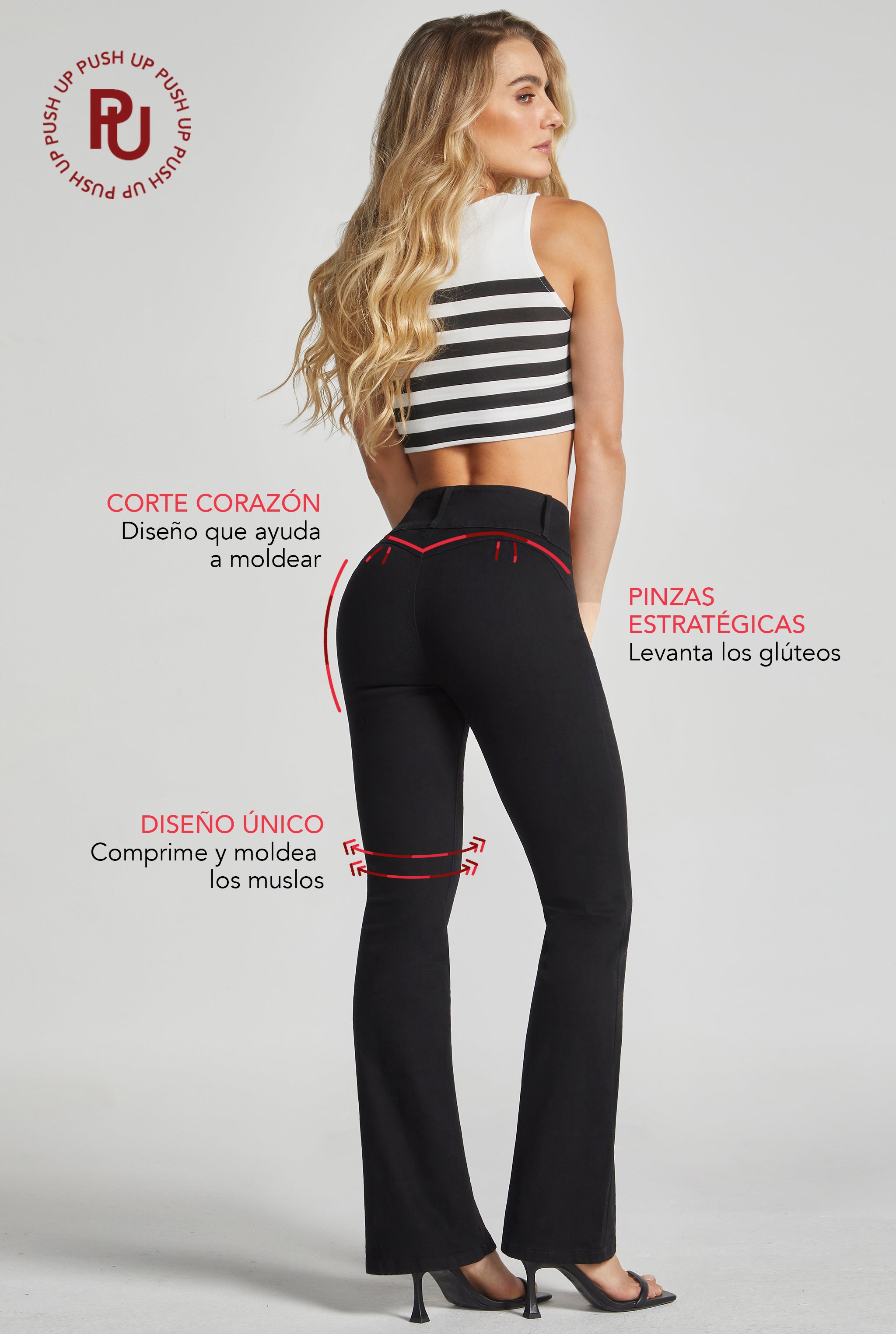 JEANS SEMI CAMPANA CINTURA ALTA PUSH UP 6040NGRO