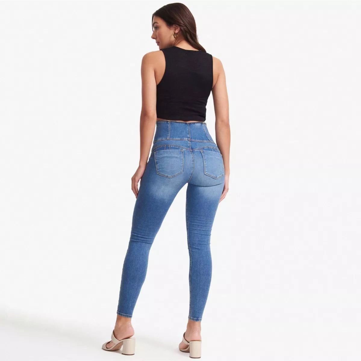 JEANS SUPER SKINNY CINTURA ALTA LIPOJEANS - FAJA INTEGRADA COLOR AZUL MEDIO 4142STME