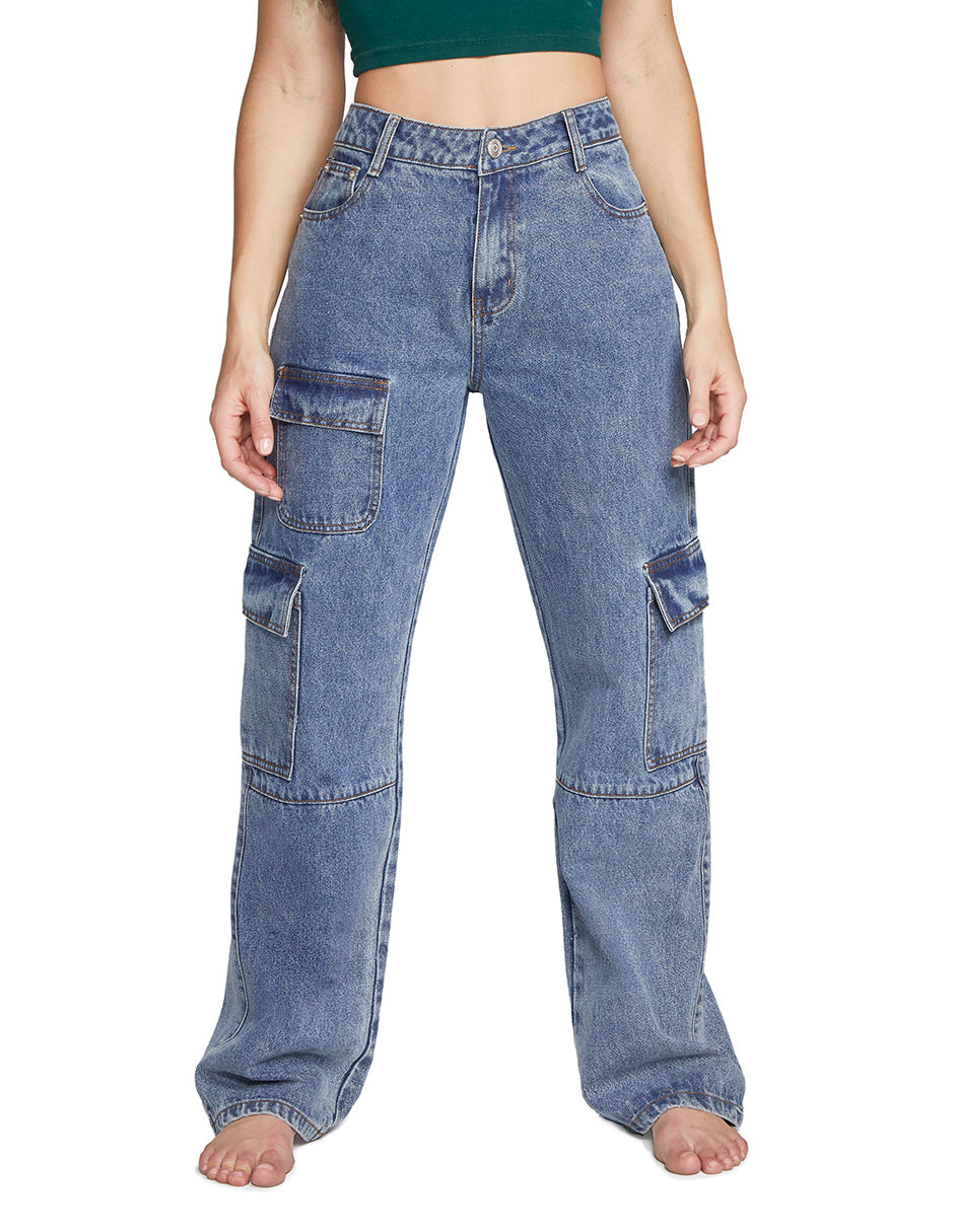 JEANS CARGO RECTO CINTURA ALTA COLOR AZUL OSCURO 0030STME