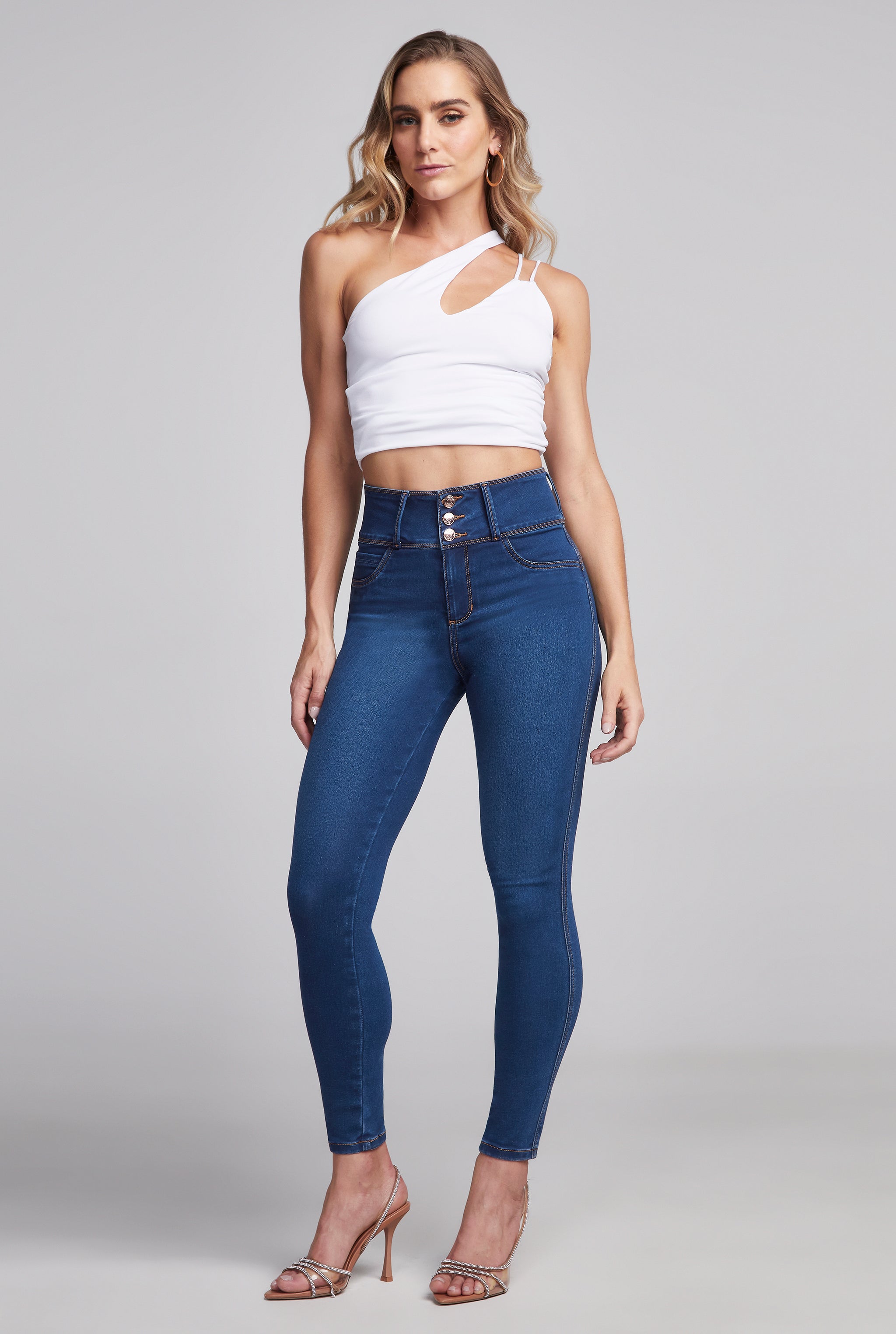 JEANS AZUL MEDIO CORTE SÚPER SKINNY CINTURA ALTA PUSH UP 0117STON