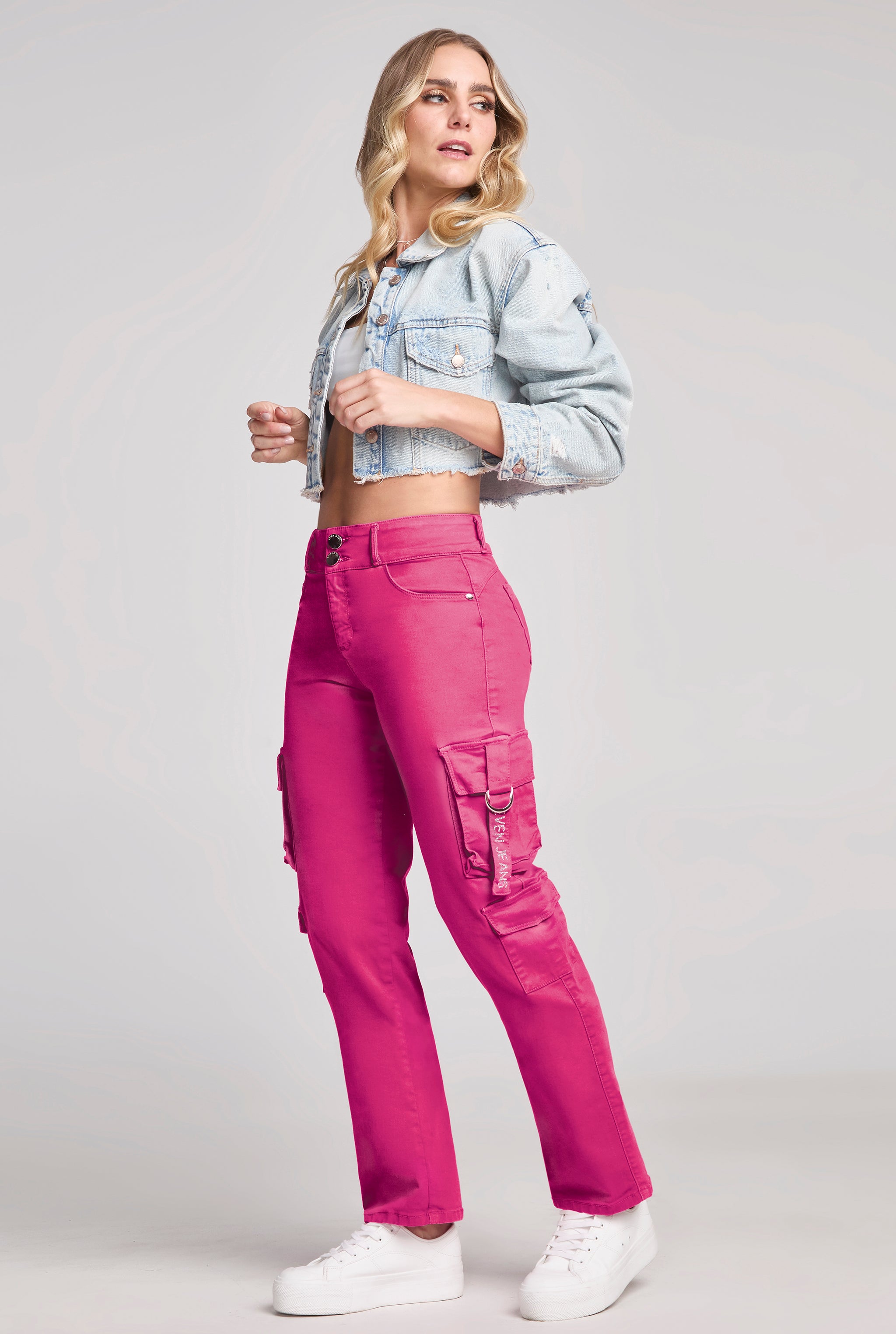 JEANS CARGO COLOR ROSA CORTE RECTO CINTURA ALTA TECNOLOGÍA BUENÍSSIMA 9808ROSA