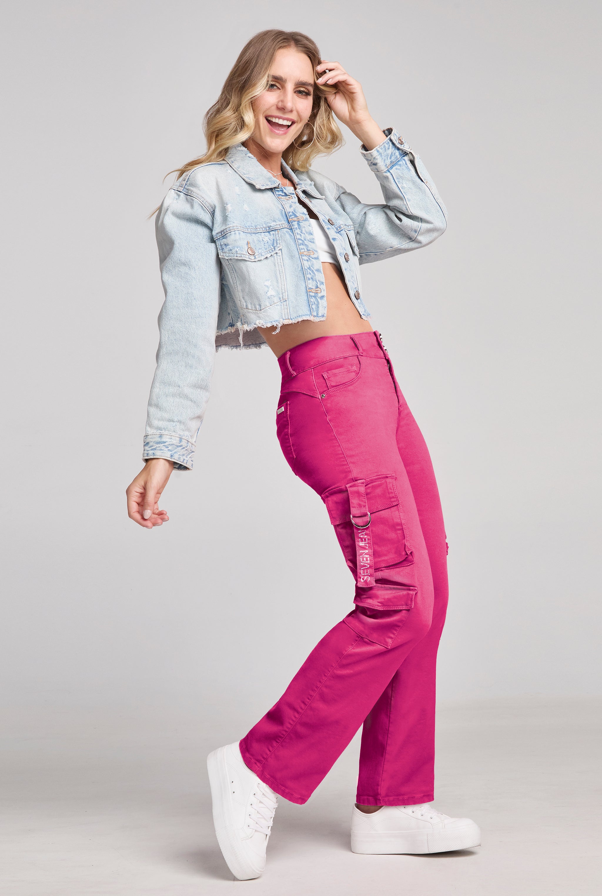 JEANS CARGO COLOR ROSA CORTE RECTO CINTURA ALTA TECNOLOGÍA BUENÍSSIMA 9808ROSA