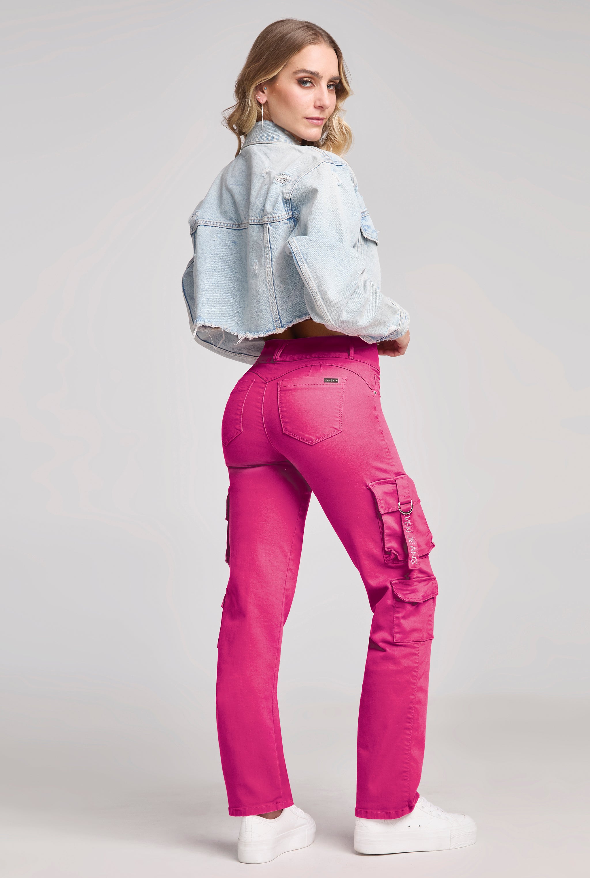 JEANS CARGO COLOR ROSA CORTE RECTO CINTURA ALTA TECNOLOGÍA BUENÍSSIMA 9808ROSA