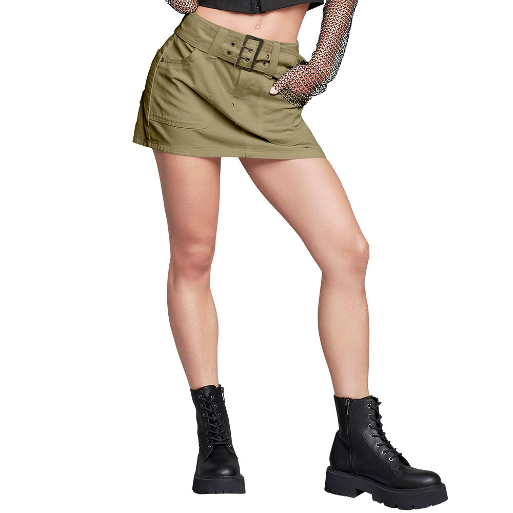 FALDA SHORT CARGO DENIM CINTURA ALTA COLOR OLIVO 9901OLIV