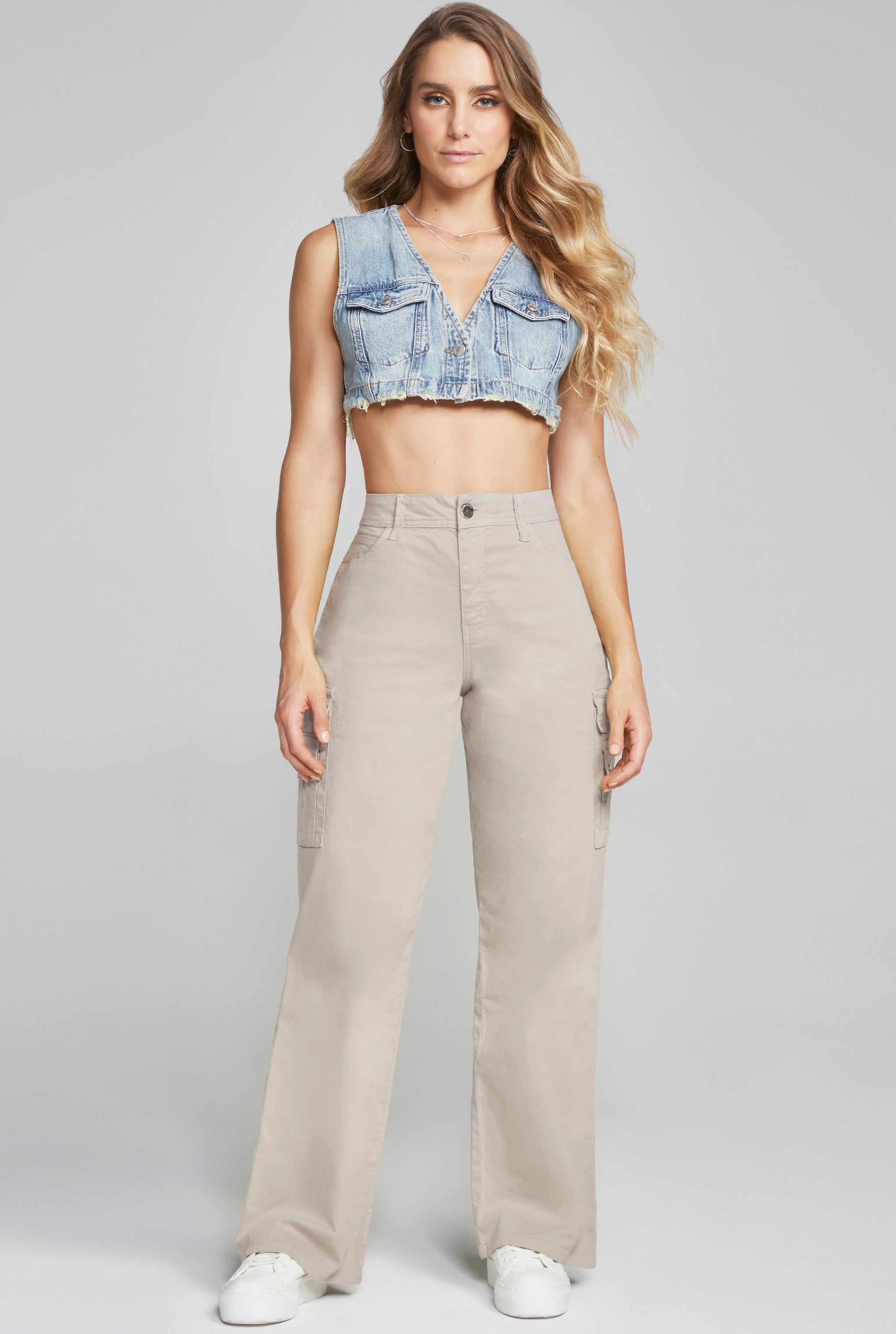 JEANS CARGO CINTURA ALTA COLOR KHAKI 0032KAKI