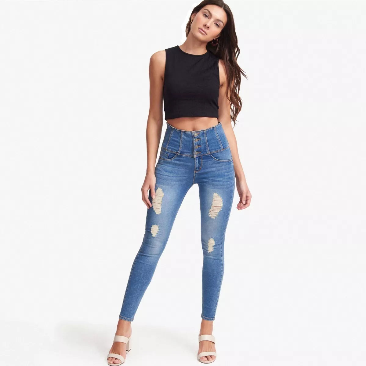 JEANS SUPER SKINNY CINTURA ALTA LIPOJEANS - FAJA INTEGRADA COLOR AZUL MEDIO 4142STME